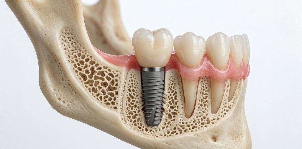 Close up of dental implant structure placed in jawbone, Dental Implants Cambridge